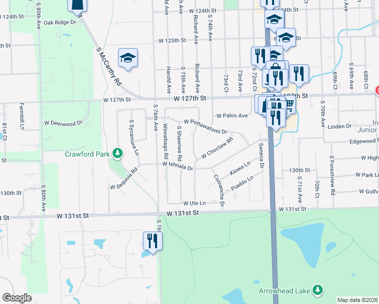 map of restaurants, bars, coffee shops, grocery stores, and more near 7430 West Ishnala Drive in Palos Heights