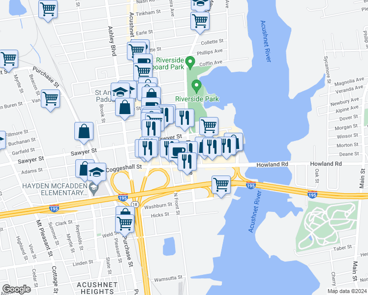 map of restaurants, bars, coffee shops, grocery stores, and more near 2 Beetle Court in New Bedford