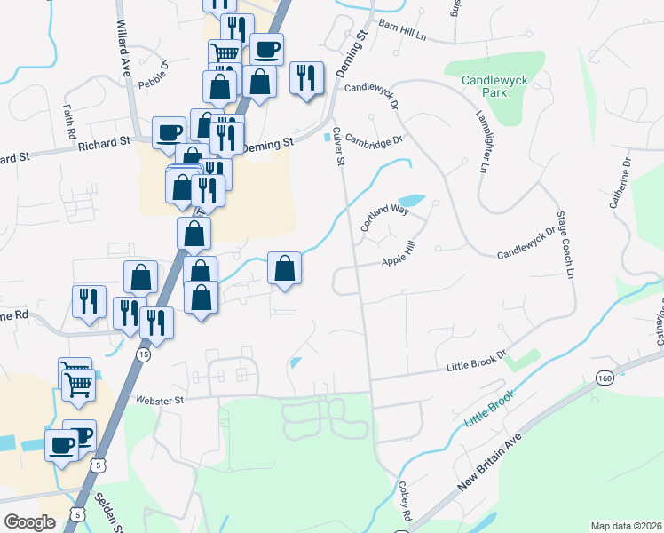 map of restaurants, bars, coffee shops, grocery stores, and more near 41 Cobblestone Court in Newington
