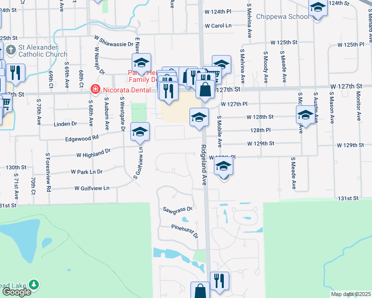 map of restaurants, bars, coffee shops, grocery stores, and more near 105 Augusta Court in Palos Heights