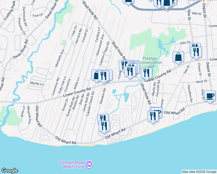 map of restaurants, bars, coffee shops, grocery stores, and more near 184 Old Wharf Road in Dennis
