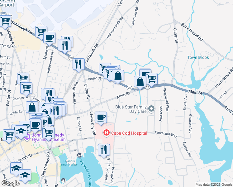 map of restaurants, bars, coffee shops, grocery stores, and more near 14 Main Street in Barnstable