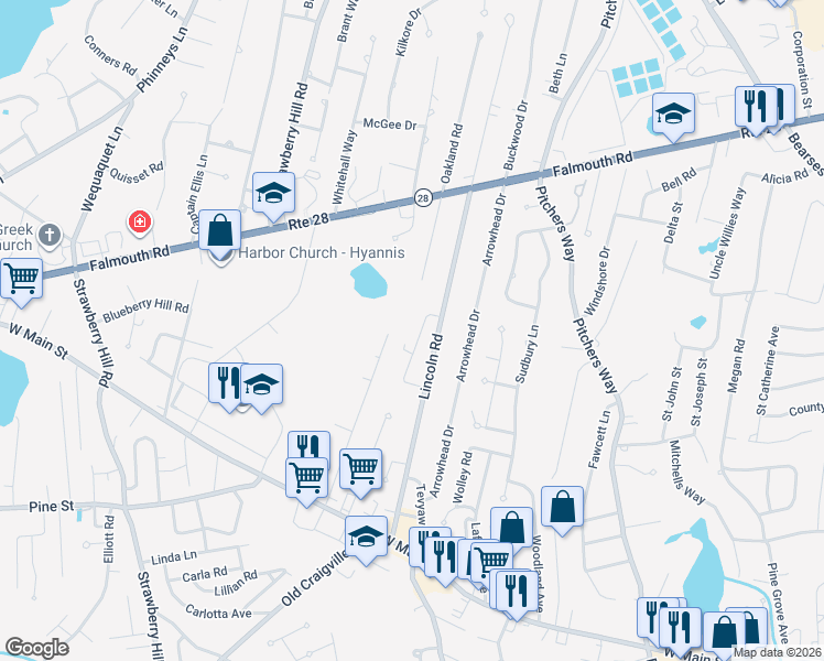 map of restaurants, bars, coffee shops, grocery stores, and more near 195 Lincoln Road in Barnstable