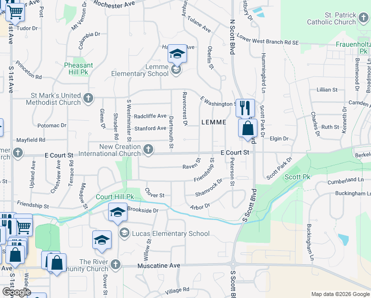 map of restaurants, bars, coffee shops, grocery stores, and more near 3206 Raven Street in Iowa City