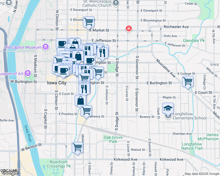 map of restaurants, bars, coffee shops, grocery stores, and more near 226 South Johnson Street in Iowa City