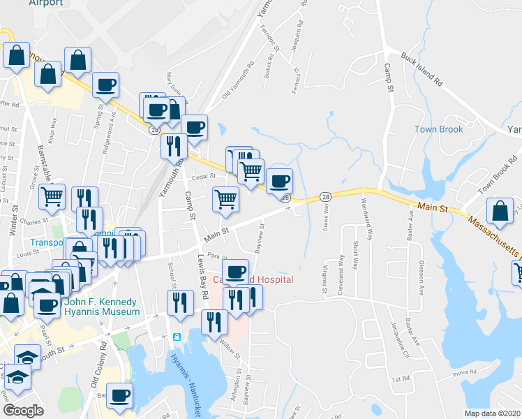 map of restaurants, bars, coffee shops, grocery stores, and more near 6 Main Street in Barnstable