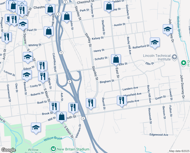 map of restaurants, bars, coffee shops, grocery stores, and more near 322 Stanley Street in New Britain