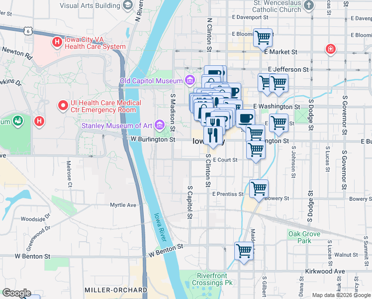 map of restaurants, bars, coffee shops, grocery stores, and more near 201 South Clinton Street in Iowa City