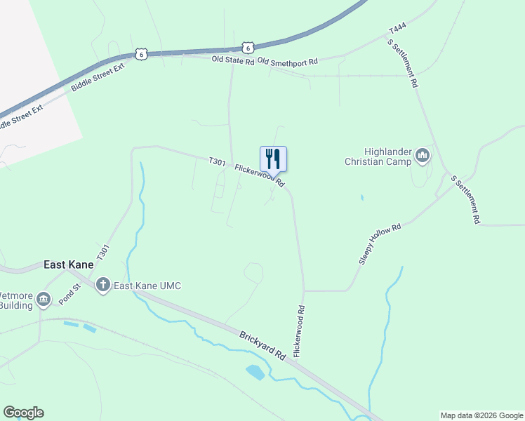 map of restaurants, bars, coffee shops, grocery stores, and more near Flickerwood Road in Kane