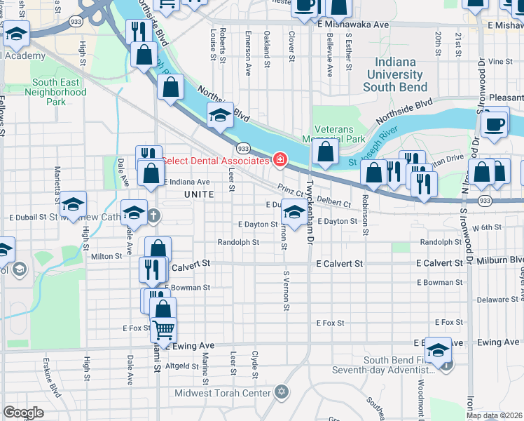 map of restaurants, bars, coffee shops, grocery stores, and more near 1621 Clyde Street in South Bend