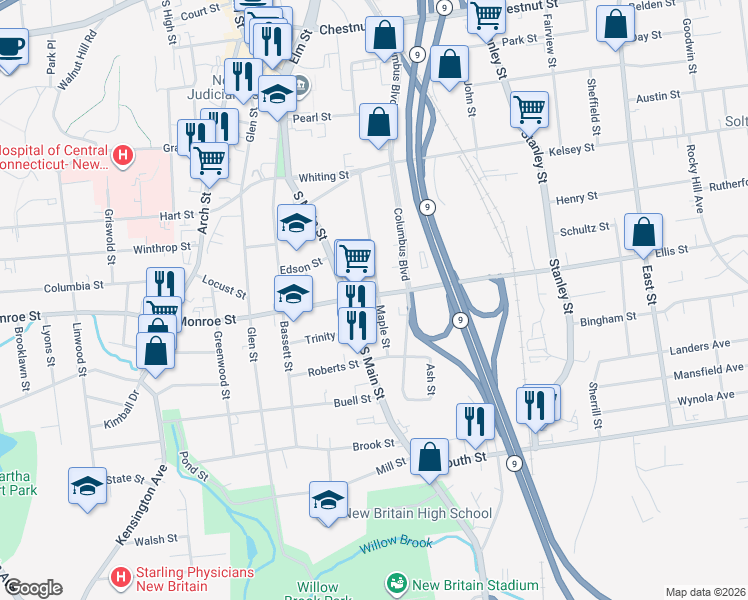 map of restaurants, bars, coffee shops, grocery stores, and more near 269 Maple Street in New Britain