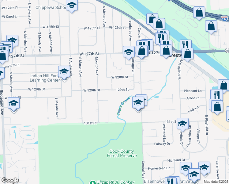 map of restaurants, bars, coffee shops, grocery stores, and more near 12817 Hill Drive in Crestwood