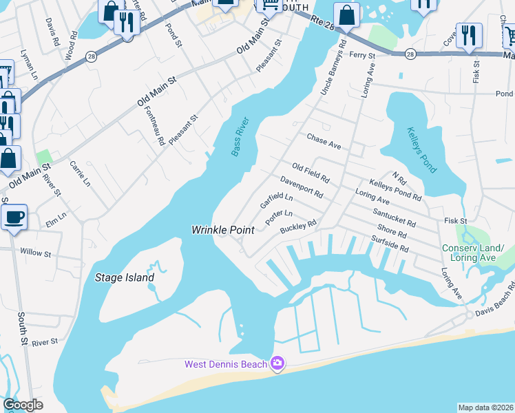 map of restaurants, bars, coffee shops, grocery stores, and more near 171 Uncle Barneys Road in Dennis