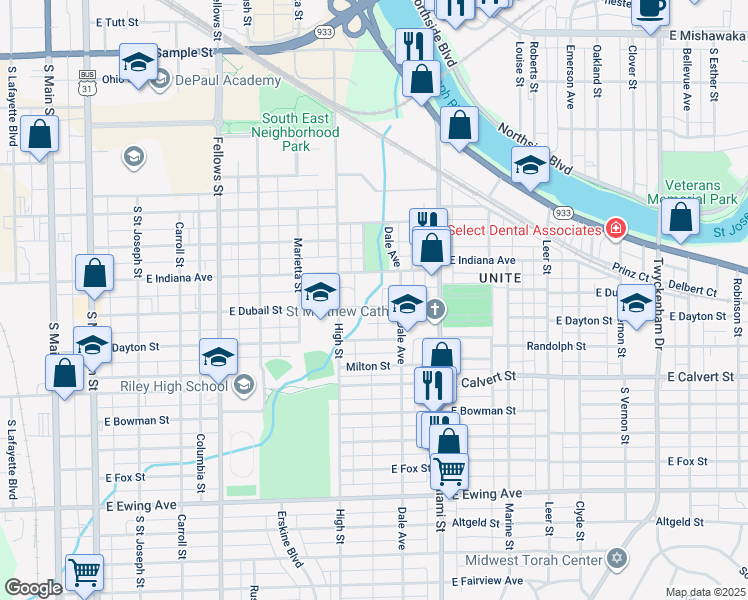map of restaurants, bars, coffee shops, grocery stores, and more near 833 East Dubail Avenue in South Bend