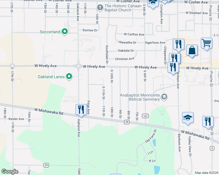 map of restaurants, bars, coffee shops, grocery stores, and more near 22577-41601 10th Street in Elkhart