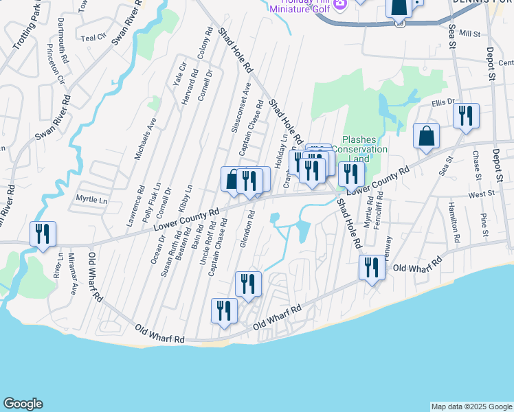 map of restaurants, bars, coffee shops, grocery stores, and more near 9 Lorree Lane in Dennis