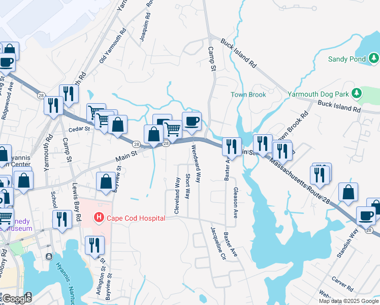 map of restaurants, bars, coffee shops, grocery stores, and more near 69 Main Street in Yarmouth