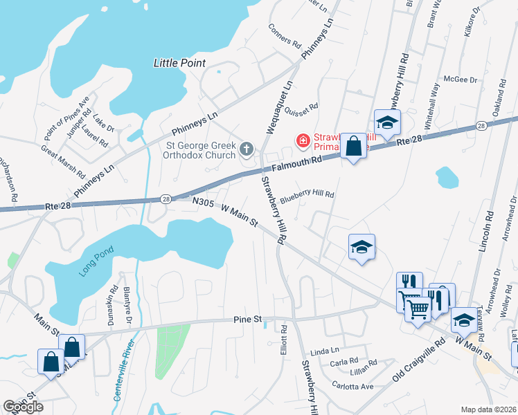 map of restaurants, bars, coffee shops, grocery stores, and more near 713 Strawberry Hill Road in Barnstable