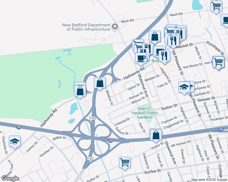 map of restaurants, bars, coffee shops, grocery stores, and more near 84 Liberia Lane in New Bedford