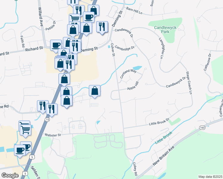 map of restaurants, bars, coffee shops, grocery stores, and more near 58 Cortland Way in Newington