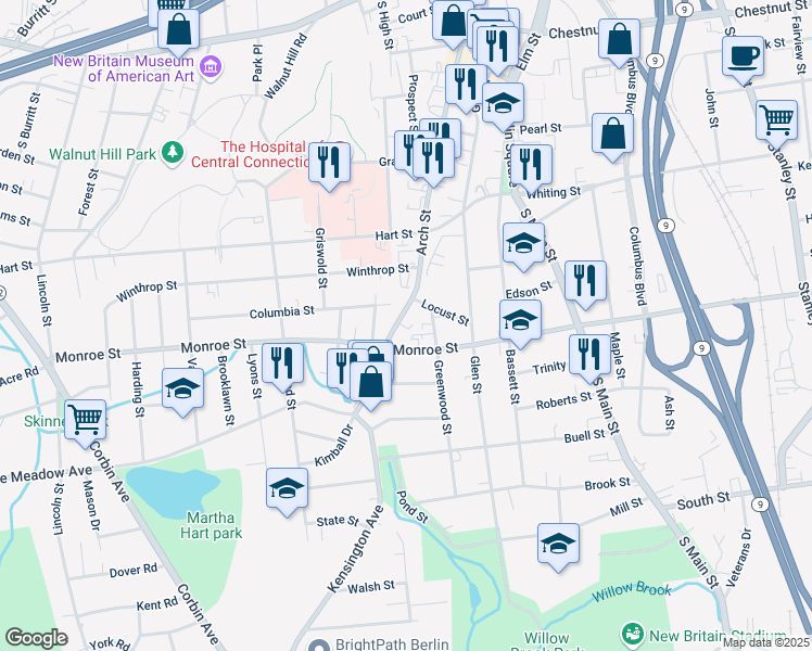 map of restaurants, bars, coffee shops, grocery stores, and more near 1 Columbia Street in New Britain