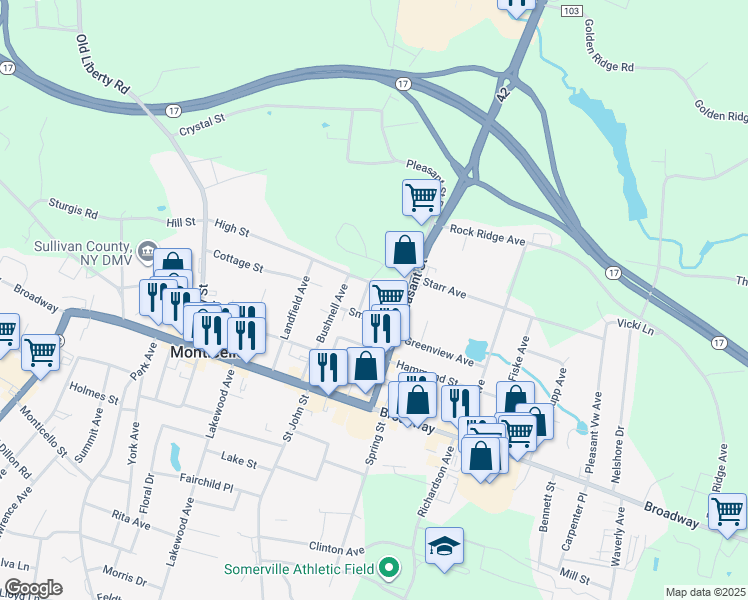 map of restaurants, bars, coffee shops, grocery stores, and more near 12 Green Street in Monticello