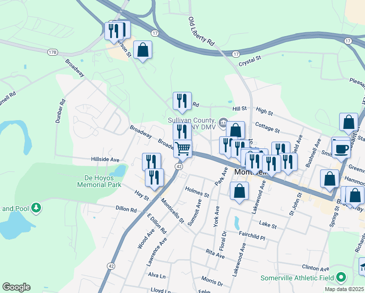 map of restaurants, bars, coffee shops, grocery stores, and more near 33 Jefferson Street in Monticello