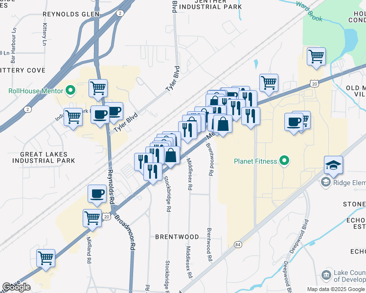 map of restaurants, bars, coffee shops, grocery stores, and more near 7593 Mentor Avenue in Mentor