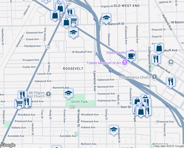map of restaurants, bars, coffee shops, grocery stores, and more near 1817 Lawrence Avenue in Toledo