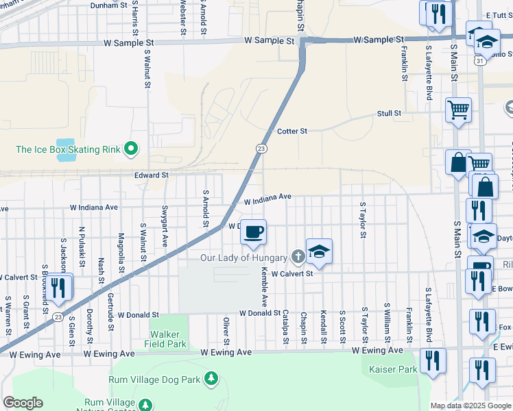 map of restaurants, bars, coffee shops, grocery stores, and more near 1528 Kemble Avenue in South Bend
