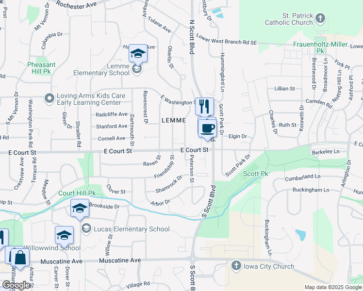 map of restaurants, bars, coffee shops, grocery stores, and more near 260 Cayman Street in Iowa City