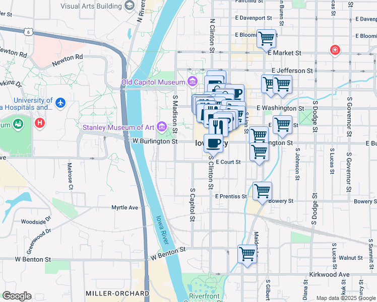 map of restaurants, bars, coffee shops, grocery stores, and more near 201 South Clinton Street in Iowa City