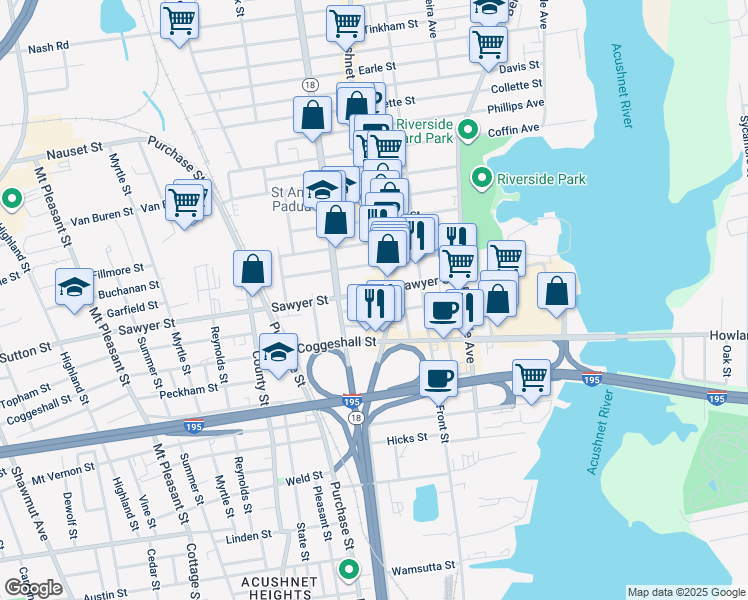 map of restaurants, bars, coffee shops, grocery stores, and more near 1207 Acushnet Avenue in New Bedford