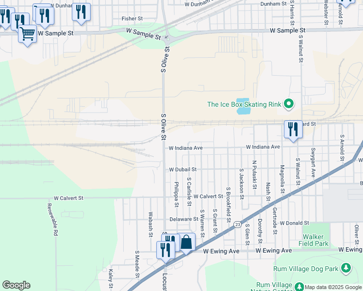 map of restaurants, bars, coffee shops, grocery stores, and more near 2211 West Indiana Avenue in South Bend