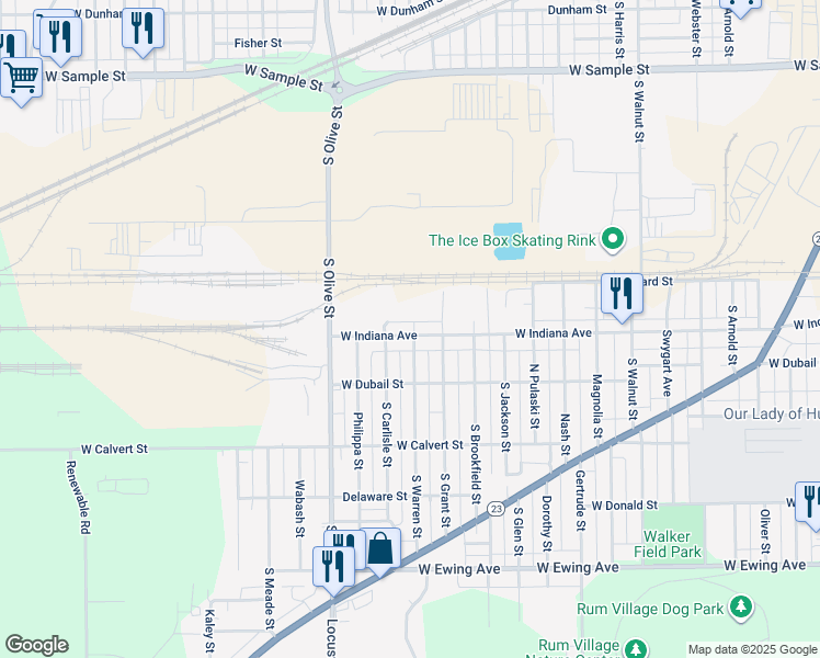 map of restaurants, bars, coffee shops, grocery stores, and more near 2103 West Indiana Avenue in South Bend