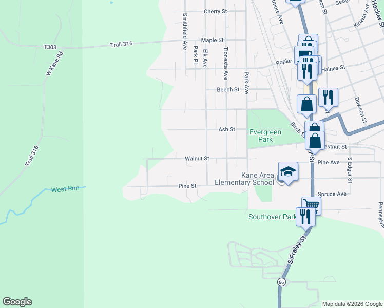 map of restaurants, bars, coffee shops, grocery stores, and more near 1-99 North Elk Avenue in Kane