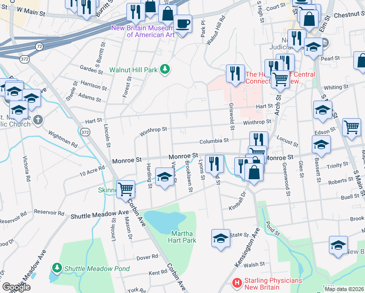 map of restaurants, bars, coffee shops, grocery stores, and more near 214 Columbia Street in New Britain