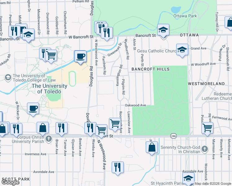 map of restaurants, bars, coffee shops, grocery stores, and more near 1744 North Westwood Avenue in Toledo