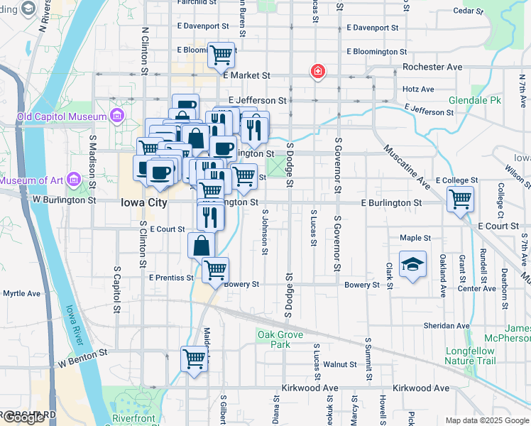 map of restaurants, bars, coffee shops, grocery stores, and more near 310 South Johnson Street in Iowa City