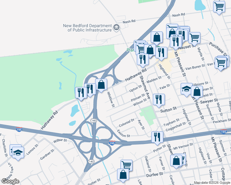 map of restaurants, bars, coffee shops, grocery stores, and more near 84 Liberia Lane in New Bedford