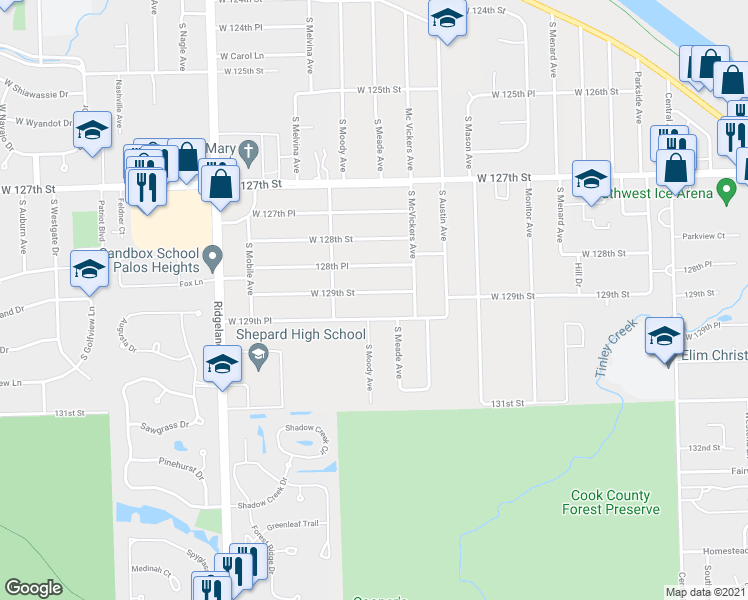 map of restaurants, bars, coffee shops, grocery stores, and more near 6107 West 129th Place in Palos Heights