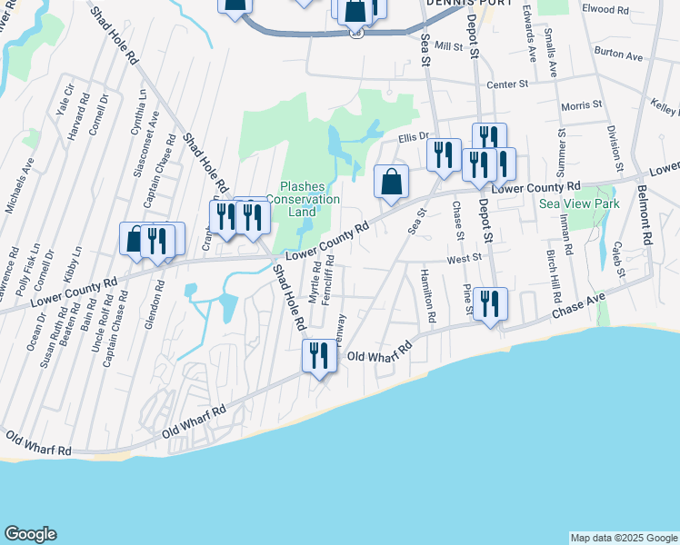 map of restaurants, bars, coffee shops, grocery stores, and more near 57 Fenway Road in Dennis