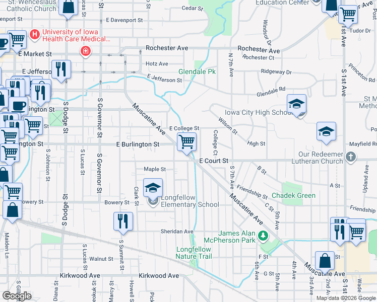 map of restaurants, bars, coffee shops, grocery stores, and more near 231 Fairview Avenue in Iowa City