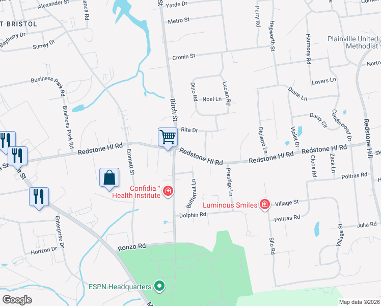 map of restaurants, bars, coffee shops, grocery stores, and more near Redstone Hill Road in Bristol