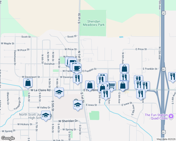 map of restaurants, bars, coffee shops, grocery stores, and more near 398 East Franklin Street in Eldridge