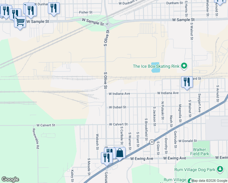 map of restaurants, bars, coffee shops, grocery stores, and more near 1530 South Olive Street in South Bend