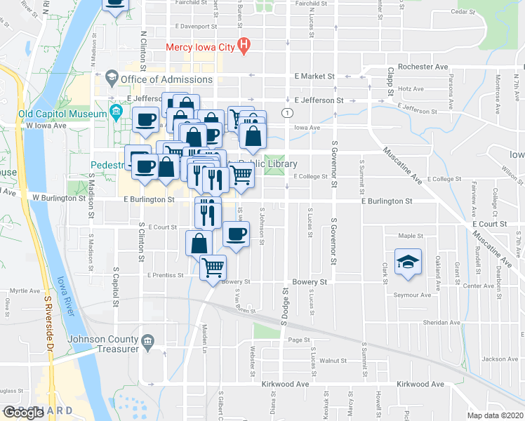 map of restaurants, bars, coffee shops, grocery stores, and more near 310 South Johnson Street in Iowa City