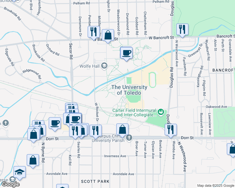 map of restaurants, bars, coffee shops, grocery stores, and more near in Toledo