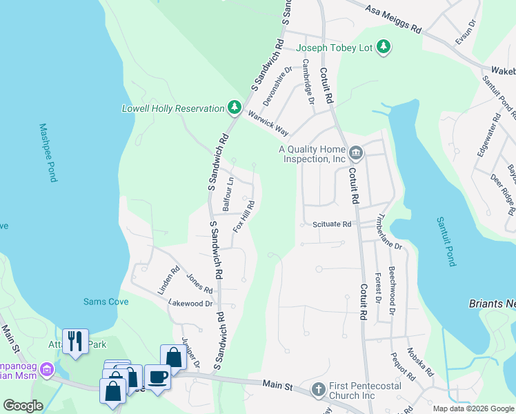 map of restaurants, bars, coffee shops, grocery stores, and more near 47 Fox Hill Road in Mashpee