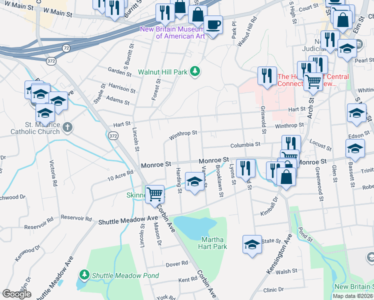 map of restaurants, bars, coffee shops, grocery stores, and more near 18 Brady Avenue in New Britain